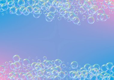 Arkaplanda sabun köpüğü var. Gerçekçi su kabarcıkları 3 boyutlu. Şampuan köpüklü serin gökkuşağı renkli sıvı köpük. Yatay kozmetik broşür ve davetiye. Banyo ve duş için sabun köpüğü. Vektör EPS10.