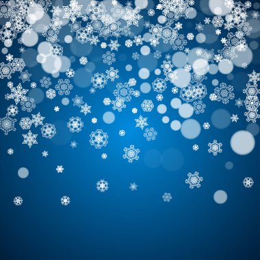 Noel ve yeni yıl kutlamaları için beyaz kar taneleriyle kışın sınırı. Tatil sınırı mavi arka planda afişler, hediye kuponları, kuponlar, reklamlar, parti etkinlikleri için. Düşen soğuk kar taneleri.