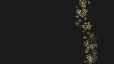 Siyah arkaplanda altın kar taneleri çerçevesi. Yeni yıl teması. Bayram afişi, kart, satış ve özel fiyat için yatay parlak bir Noel çerçevesi. Altın kar taneleriyle yağan kar ve parti için ışıltı.