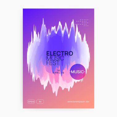 Müzik broşürü. Dalgalı Tekno Kulübü afiş şablonu. Akışkan holografik gradyan şekil ve çizgi. Elektronik ses. Gece dansı yaşam tarzı tatili. Yaz festivali ve müzik broşürü posteri..