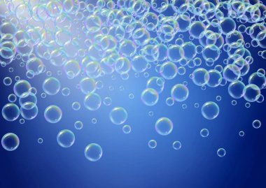 Sabun köpüğü. Deterjan köpüğü ve küvet için köpük. Şampuan. 3d vektör illüstrasyon daveti. Çoklu renkli köpük ve su sıçraması. Gerçekçi su çerçevesi ve sınır. Mavi renkli sıvı sabun köpüğü.