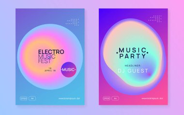 Müzik afişi. Akışkan holografik gradyan şekil ve çizgi. Elektronik ses. Gece dansı yaşam tarzı tatili. Parlak ev etkinlik broşürü. Yaz festivali ilanı ve müzik afişi..