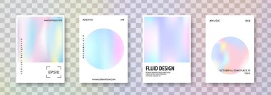 Minimalist poster seti. Soyut arka planlar. Gradyan örgülü Memphis minimalist posteri. 90 'lar, 80' ler modası. Broşür, pankart, duvar kağıdı, mobil ekran için Pearlescent grafik şablonu