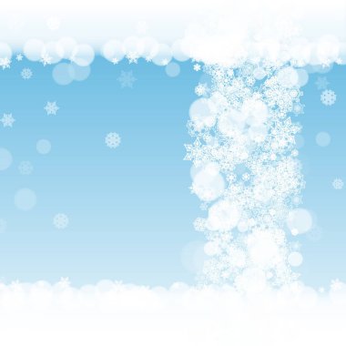 Noel ve yeni yıl kutlamaları için beyaz kar taneleri olan kış çerçevesi. Mavi arka planda tatil çerçevesi afişler, hediye kuponları, kuponlar, reklamlar, parti etkinlikleri için. Buz gibi kar yağıyor..