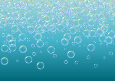 Banyo köpüğü eğimli arka planda. Gerçekçi su kabarcıkları 3 boyutlu. Şampuan köpüklü serin gökkuşağı renkli sıvı köpük. Yatay kozmetik broşür ve davetiye. Banyo köpüğü banyo ve duş için..