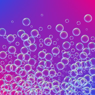 Arkaplanda sabun köpüğü var. Gerçekçi su kabarcıkları 3 boyutlu. Şampuan köpüklü serin gökkuşağı renkli sıvı köpük. Kozmetik broşür ve davetiye. Banyo ve duş için sabun. Vektör EPS10.