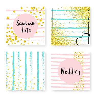 Parlak konfeti ve çizgili düğün davetiyesi. Pembe ve nane arkaplanda altın kalpler ve noktalar. Düğün davetiyesi şablonu parti, etkinlik, düğün partisi, tarih kartını kaydet.