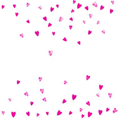 Sevgililer Günü sınırında pembe parıltılı kalpler. 14 Şubat günü. Sevgililer Günü sınır şablonu için vektör konfetisi. Grunge el çizimi dokusu. Hediye kuponları, kuponlar, reklamlar, etkinlikler için aşk teması.