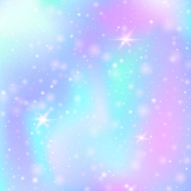 Gökkuşağı örgülü tek boynuzlu at arka planı. Prenses renklerinde çoklu renkli evren pankartı. Hologramla fantezi gradyanı. Sihirli parıltıları, yıldızları ve bulanıklığı olan holografik tek boynuzlu at arka planı.