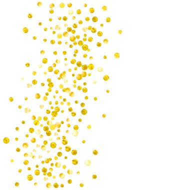 Arkaplanda noktalar olan altın parıltısı konfetileri. Işıltılı, rastgele düşen pullar. Tebrik kartı, düğün öncesi parti ve davetiye için altın parıltılı konfeti şablonu.