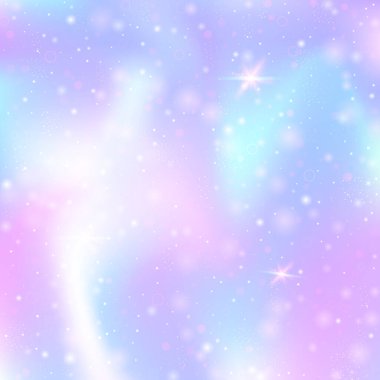 Gökkuşağı örgülü tek boynuzlu at arka planı. Prenses renklerinde modaya uygun evren afişi. Hologramla fantezi gradyanı. Sihirli parıltıları, yıldızları ve bulanıklığı olan holografik tek boynuzlu at arka planı.