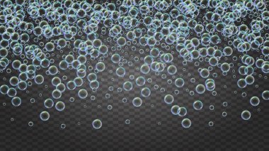 Deterjan köpüğü. Küvet için sabun köpüğü ve köpük. Şampuan. 3d vektör illüstrasyon pankartı. Çok az köpürme ve sıçrama. Gerçekçi su çerçevesi ve sınır. Ayrı renkte sıvı deterjan köpüğü.