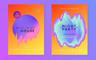 Müzik broşürü seti. Akışkan holografik gradyan şekil ve çizgi. Elektronik ses. Gece dansı yaşam tarzı tatili. Parlak elektro olay dergisi şablonu. Yaz festivali ve müzik broşürü posteri..