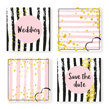 Parlak konfetiyle düğün çizgileri. Davetiye ayarlandı. Siyah ve pembe arka planda altın kalpler ve noktalar. Parti, etkinlik, düğün öncesi parti için çizgili tasarım, tarih kartı kaydet.