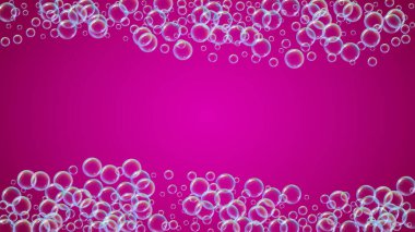 Sabun köpüğü. Deterjan köpüğü ve küvet için köpük. Şampuan. Şık bir köpük ve su sıçratma. Gerçekçi su çerçevesi ve sınır. 3d vektör illüstrasyon düzeni. Mor renkli sıvı sabun köpüğü.