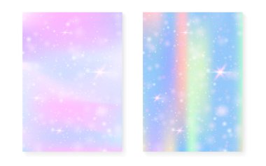 Kawaii background with rainbow princess gradient. Magic unicorn hologram. Holographic fairy set. Trendy fantasy cover. Kawaii background with sparkles and stars for cute girl party invitation. clipart