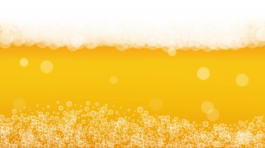 Gerçekçi baloncuklu bira arka planı. Restoran menüsü tasarımı, afişler ve afişler için güzel bir içecek. Beyaz köpüklü sarı yatay bira arka planı. Bira fabrikası tasarımı için soğuk bir bardak bira..