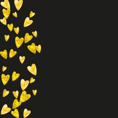 Altın yaldızlı kalp çerçevesi. Sevgililer Günü. Vektör konfetisi. El yapımı doku. Parti daveti, perakende satış teklifi ve reklam için aşk teması. Kalp çerçeveli düğün ve gelin şablonu.