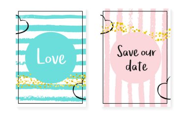 Düğün davetiyesinde noktalar ve pullar var. Altın parıltılı konfetiyle gelin duşu kartları. Dikey çizgili arka plan. Lüks düğün davetiyesi parti için ayarlandı, olay, tarih ilanını kaydet.