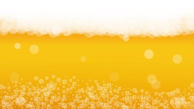 Bira arka planı. El yapımı bira sıçraması. Oktoberfest köpüğü. Restoran broşürü. Gerçekçi beyaz baloncuklu parlak bir bira. Bira geçmişi olan sarı şişe için soğuk sıvı içecek..