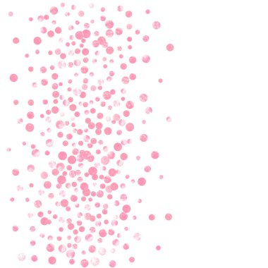 İzole edilmiş arka planda pembe parıltılı konfeti konfetileri. Parıltı ve parıltıyla düşen pullar. Parti davetiyesi, olay afişi, ilanı, doğum günü kartı için pembe noktalı şablon.