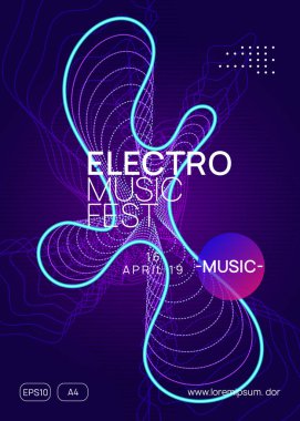 Trans partisi. Dinamik gradyan şekil ve çizgi. Geometrik disko davetiyesi konsepti. Neon Trance parti broşürü. Elektro dans müziği. Elektronik ses. Kulüp DJ posteri. Tekno festivali etkinliği.