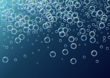 Şampuan balonu. Deterjan köpüğü, köpük ve küvet için sabun. Şık bir köpük ve su sıçratma. Gerçekçi su çerçevesi ve sınır. 3d vektör illüstrasyon daveti. Mavi renkli sıvı şampuan balonu.