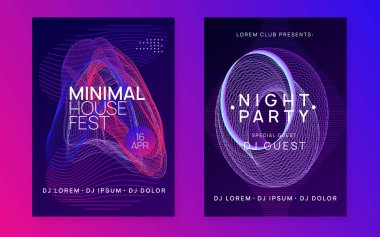 Tekno etkinlik. Fütürist şov afişi. Dinamik akışkan şekil ve çizgi. Neon tekno olay ilanı. Elektro dans müziği. Elektronik ses. Trans festivali posteri. Kulüp DJ partisi..