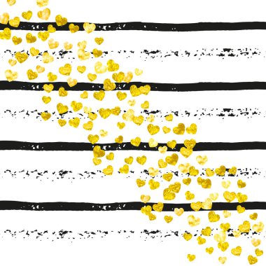 Siyah çizgili altın parıldayan kalpler konfetisi. Metalik pırıltılı ve parıltılı sekolar. Kutlama kartı için altın parıltılı kalpler, gelin partisi ve davetiye kaydedin..
