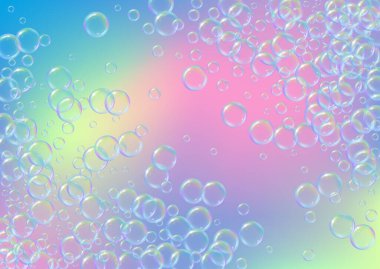 Arkaplanda sabun köpüğü var. Gerçekçi su kabarcıkları 3 boyutlu. Şampuan köpüklü serin gökkuşağı renkli sıvı köpük. Yatay kozmetik broşür ve davetiye. Banyo ve duş için sabun köpüğü. Vektör EPS10.