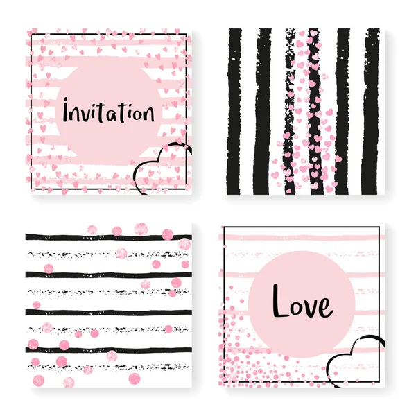 Conjunto Invitación Boda Con Confeti Purpurina Rayas Corazones Puntos Rosados — Archivo Imágenes Vectoriales