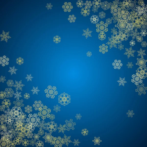 青い背景に新年の雪 金色の輝きの雪片 クリスマスと新年の雪の背景に落ちる シーズン販売のために 特別オファー バナー カード パーティー招待状 チラシ 青の霜の冬 — ストックベクタ