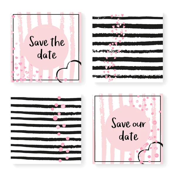 キラキラのコンフェッティとストライプと結婚式の招待状セット 黒とピンクの背景にピンクのハートとドット パーティー イベント ブライダルシャワー 日付カードを保存するための結婚式の招待状セットを持つデザイン — ストックベクタ