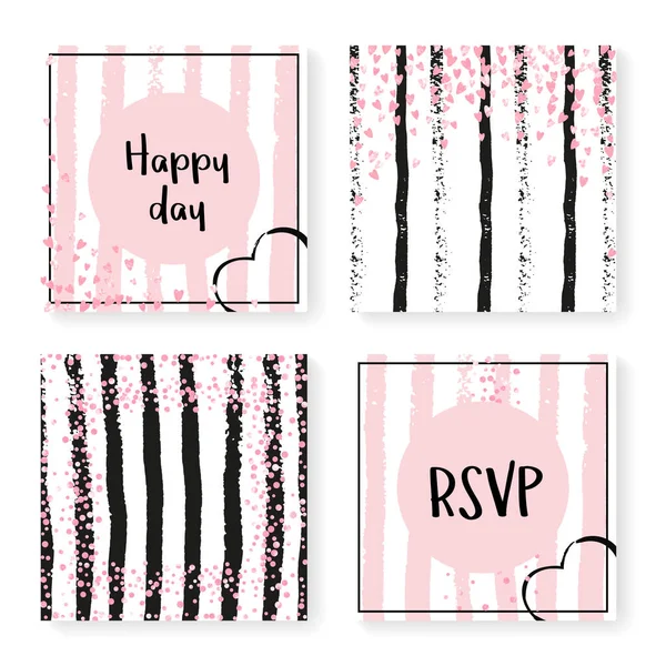 Conjunto Invitación Boda Con Confeti Purpurina Rayas Corazones Puntos Rosados — Vector de stock