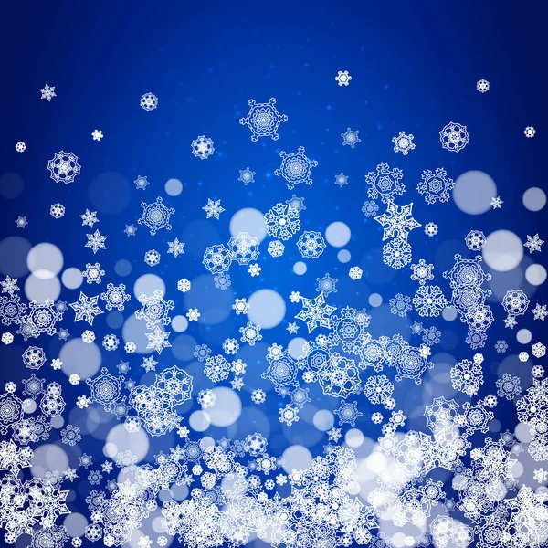 クリスマスと新年のお祝いのための雪の結晶境界 キラキラと青の背景に休日の雪の結晶境界線 バナー ギフト券 バウチャー パーティーイベントの場合 霜降り雪 — ストックベクタ