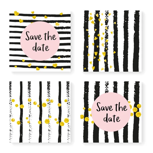 Wedding Glitter Confetti Stripes Invitation Set Gold Hearts Dots Black — Stock Vector