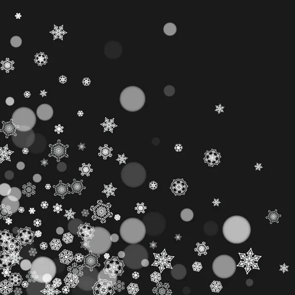 雪の結晶が黒い背景に落ちている メリークリスマスとハッピーニューイヤーをテーマに バナー ギフトカード パーティー招待状 パートナーの賛辞と特別なビジネスオファーのための霜降り雪 — ストックベクタ