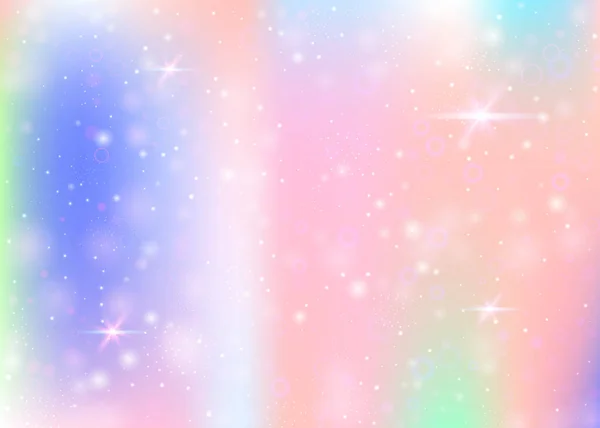 虹色のメッシュでホログラフィックな背景 プリンセスカラーの多色宇宙バナー ホログラムでファンタジーグラデーションの背景 妖精の輝きとホログラフィックな魔法の背景 星とぼかし — ストックベクタ