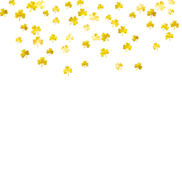 Кловер фон ко Дню Святого Патрика. Счастливые конфетти из трилистника. Блестящая рамка листьев трилистника. Шаблон для плаката, подарочный сертификат, баннер. Дублинский клевер.