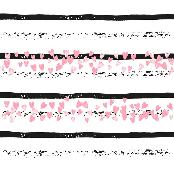 Confettis Coeur Rose Pailleté Sur Rayures Noires Paillettes Aléatoires Brillantes — Image vectorielle