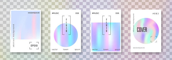 Holographic fluid set. Abstract backgrounds. Liquid holographic fluid with gradient mesh. 90s, 80s retro style. Iridescent graphic template for book, annual, mobile interface, web app.