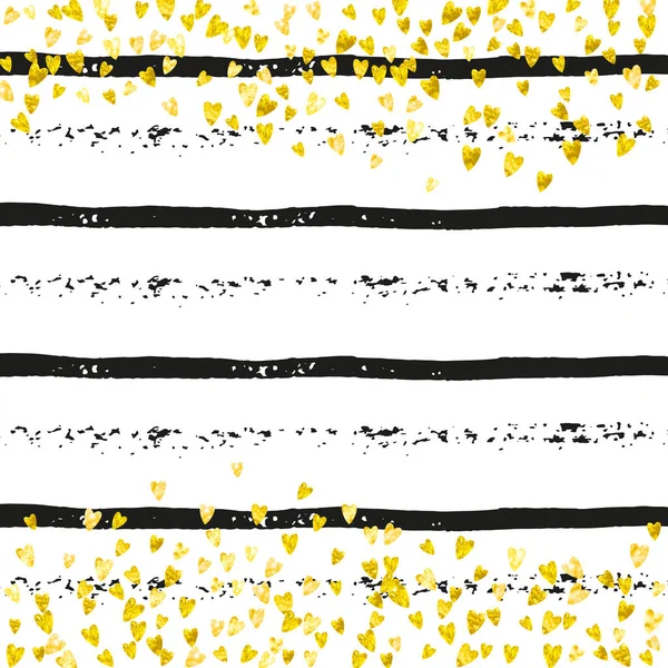 Goldglitzerkonfetti Mit Herzen Auf Schwarzen Streifen Glänzende Zufällig Fallende Pailletten — Stockvektor