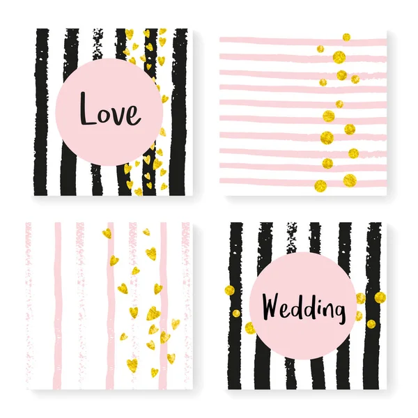 Conjunto Invitaciones Boda Con Confeti Brillo Rayas Corazones Puntos Dorados — Archivo Imágenes Vectoriales