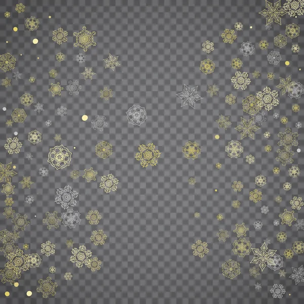 Izolované Sněhové Vločky Průhledném Šedém Pozadí Zlatý Třpytivý Sníh Zimní — Stockový vektor