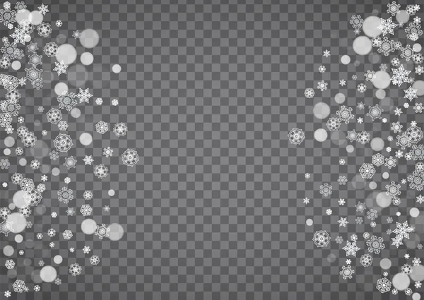 在透明的灰色背景上孤立的雪花 冬季销售 圣诞新年派对请帖设计 横幅销售 横向冬季窗户 魔法隔离的雪花 — 图库矢量图片