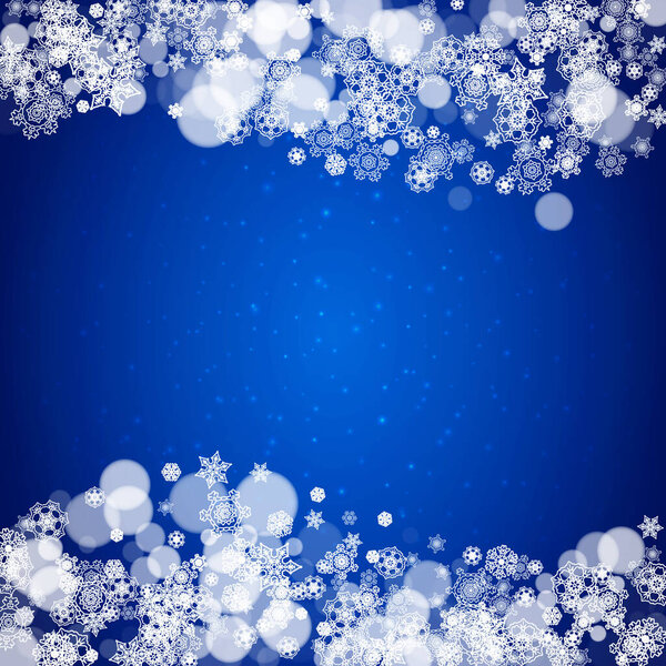 Снежинка на Рождество и Новый год. Праздничные снежинки на синем фоне с блестками. Для баннеров, подарочных купонов, ваучеров, рекламы, вечеринок. Снегопад.