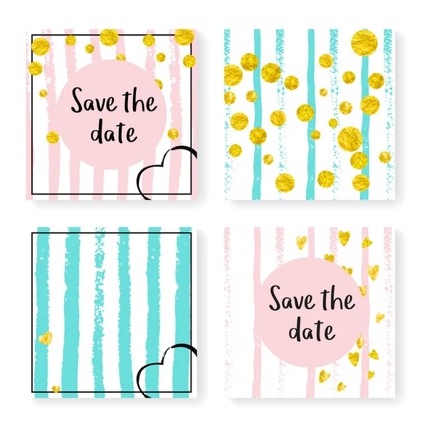 Wedding Stripes Glitter Confetti Invitation Set Gold Hearts Dots Pink — Stock Vector
