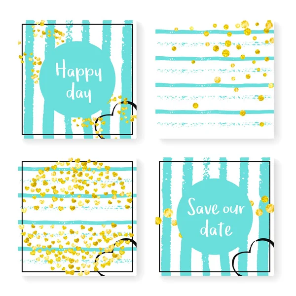 Wedding Stripes Glitter Confetti Invitation Set Gold Hearts Dots Mint — Stock Vector