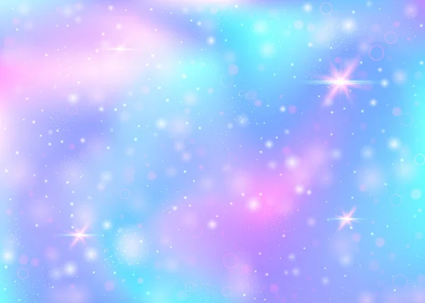 虹色のメッシュでホログラムの背景 プリンセスカラーの神秘的な宇宙のバナー 幻想的なグラデーションの背景 妖精の輝きとホログラム魔法の背景 星とぼかし — ストックベクタ