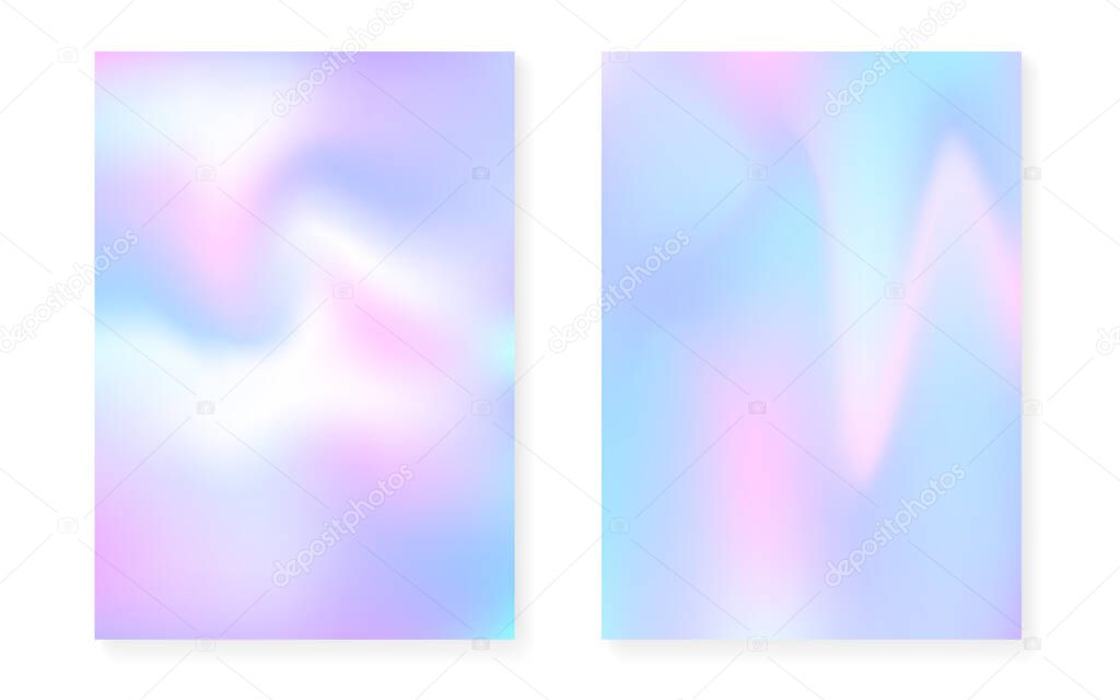 Hologram gradient background set with holographic cover. 90s, 80s retro style. Pearlescent graphic template for book, annual, mobile interface, web app. Trendy minimal hologram gradient.